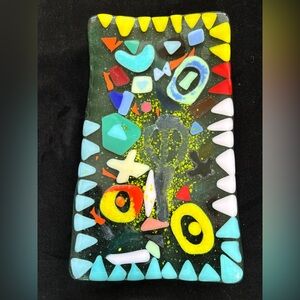 “Aquatic Life“  Fused Art Glass  Art Handmade 9.5”x5”Rectangular Tray Clear Aqua
